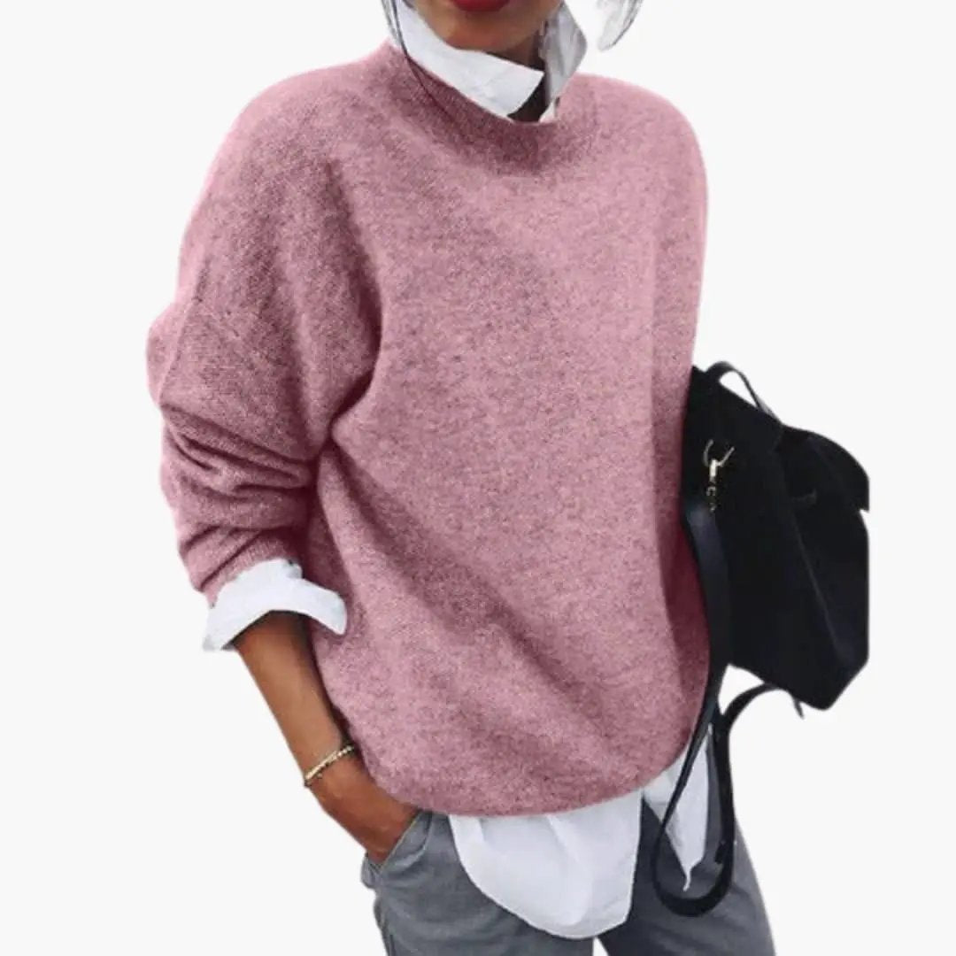 Women’s Pullover Sweater by Wilfred Smith, pink fuzzy knit with crew neck and long sleeves