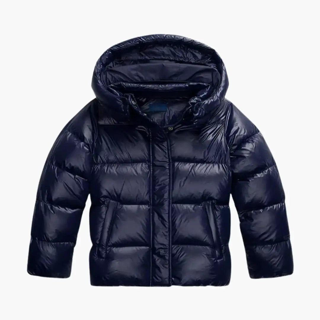 Women's Quilted Puffer Jacket by Wilfred Smith in navy with hood and front pockets.