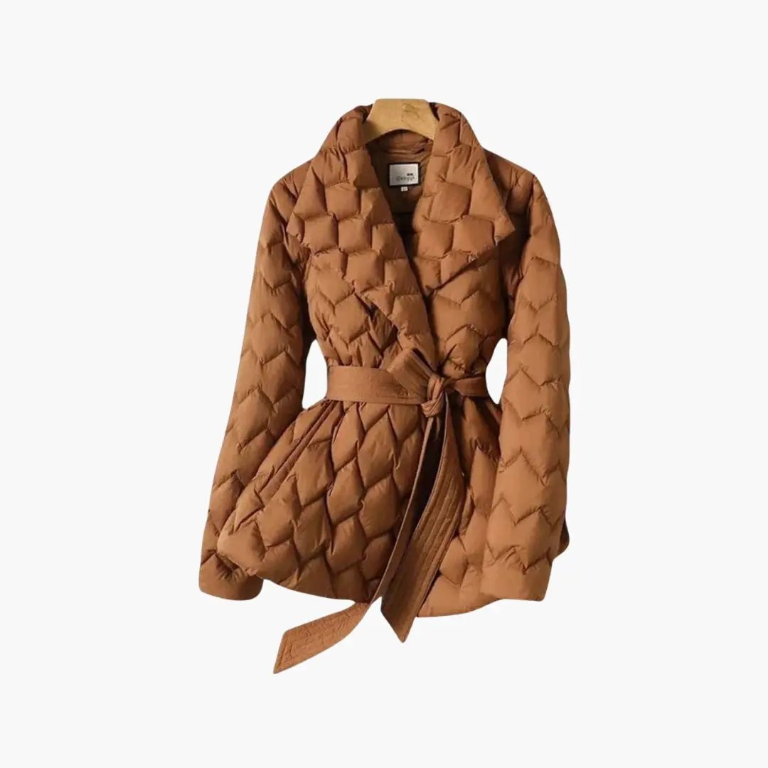 Women's red down coat with belt at waist, long sleeves, quilted puffer jacket.