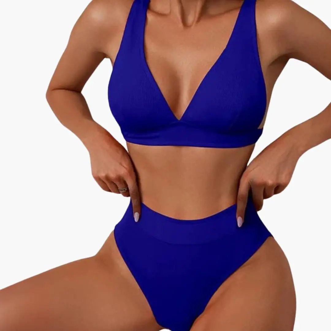 Women’s Ribbed Bikini Set with Wide Straps and High-Cut Bottom in royal blue.
