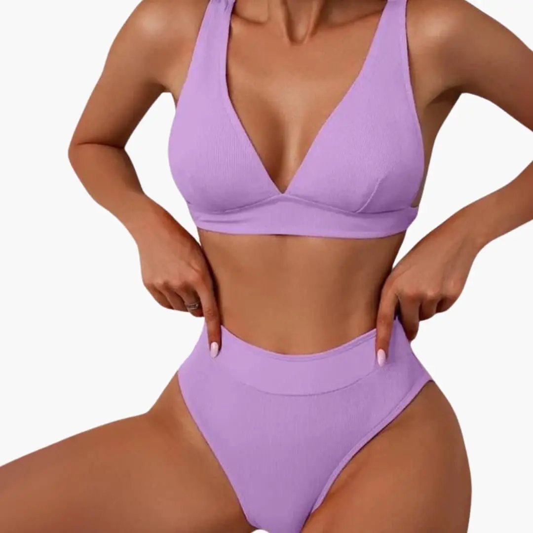 Women’s Ribbed Bikini Set by Wilfred Smith in lavender with wide straps and high-cut bottoms.