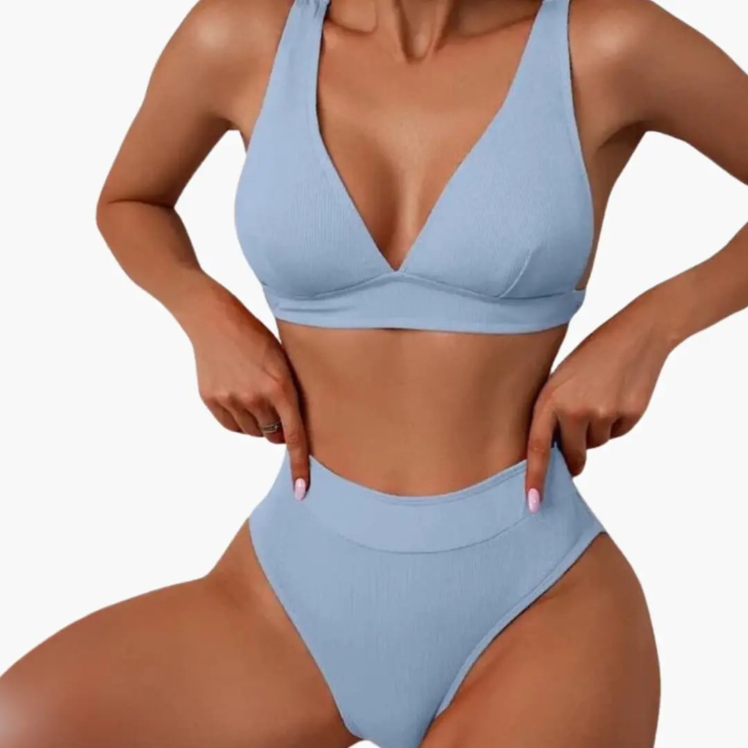 Women’s ribbed two-piece bikini set in light blue with wide straps and high-cut bottoms