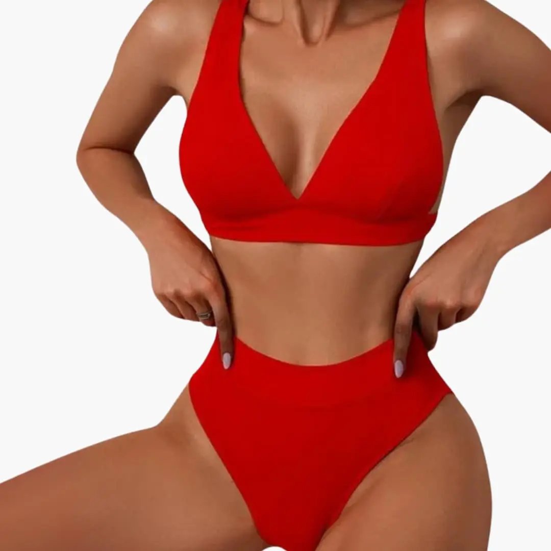 Women’s Ribbed Two-Piece Bikini Set in red with wide straps and high-cut bottom.