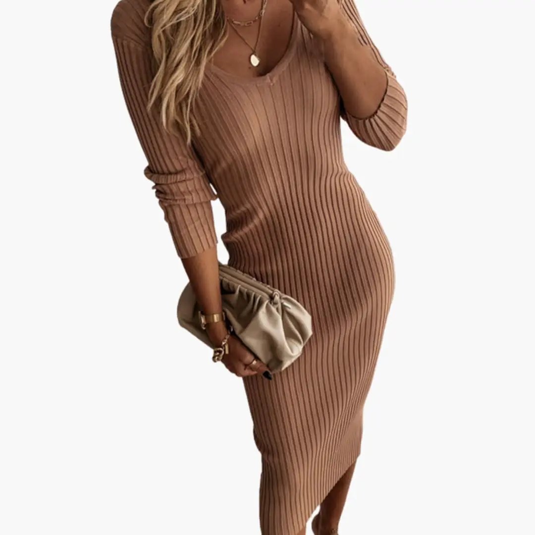 Women’s ribbed midi dress in camel brown with round neckline by Wilfred Smith