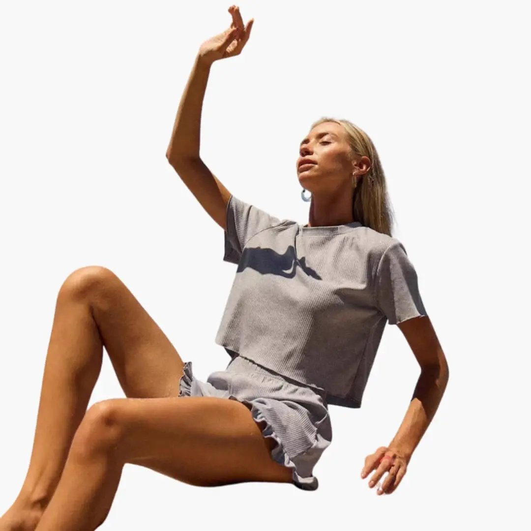 Wilfred Smith women's ribbed two-piece set: gray top with ruffle sleeves and matching shorts