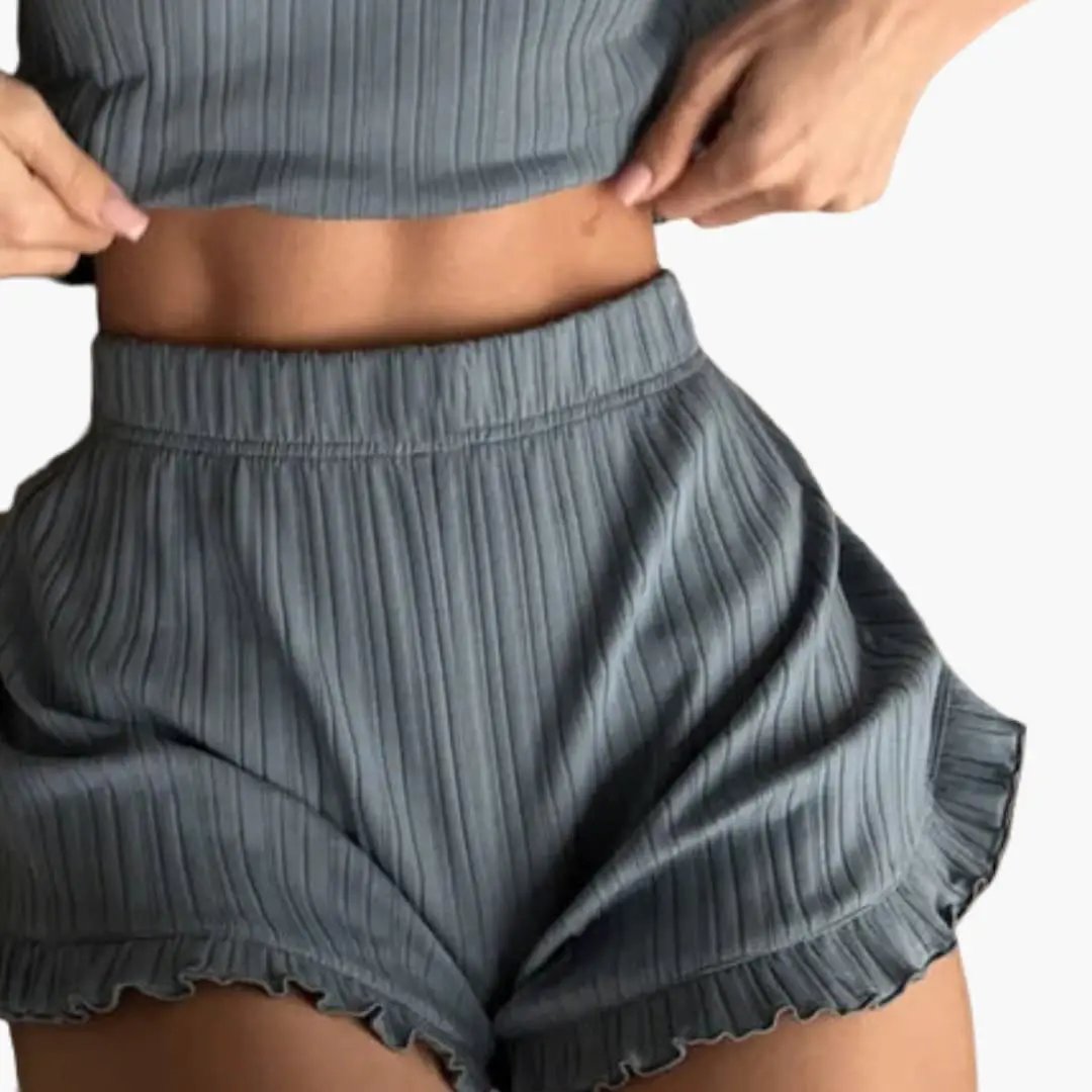 Women's ribbed ruffle-sleeve top and shorts set in grey, Wilfred Smith.