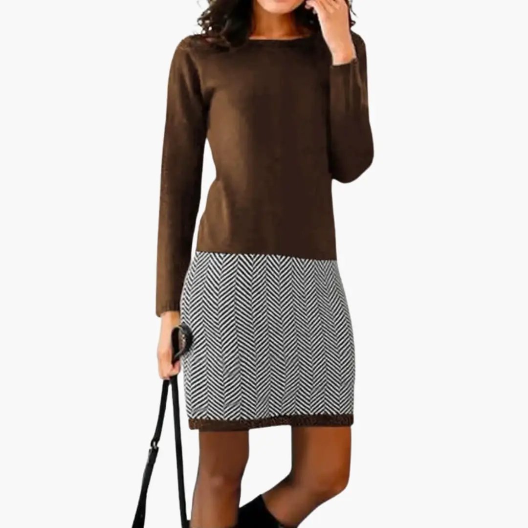 Wilfred Smith women’s round-neck dress with solid brown top and houndstooth-hem skirt