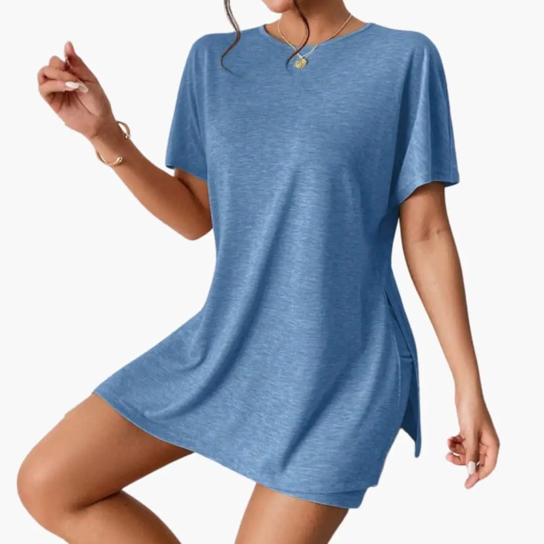 Women's Round Neck T-Shirt and Elastic Waist Shorts Two-Piece Set in blue by Wilfred Smith
