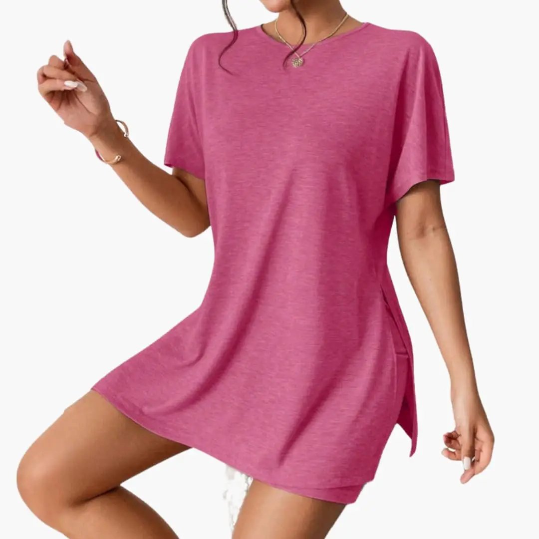 Women's Round Neck T-Shirt and Elastic Waist Shorts Two-Piece Set, pink, Wilfred Smith
