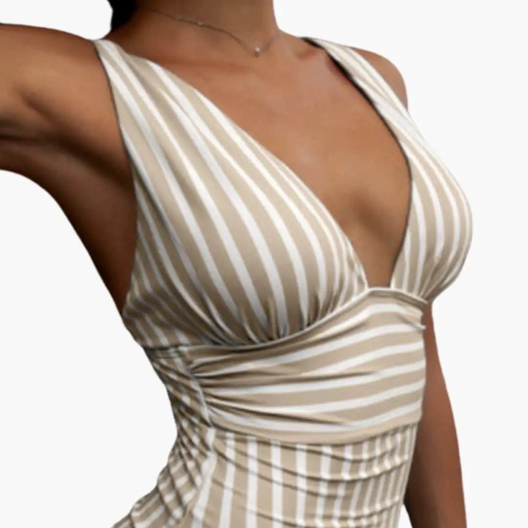 Women's Ruched One-Piece Swimsuit by Wilfred Smith, beige and white striped with scoop neck and wide straps.