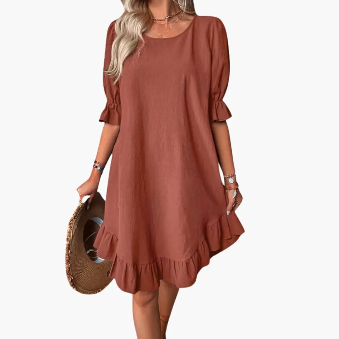 Women’s ruffle-sleeve midi dress in rust color with a tiered ruffle hem