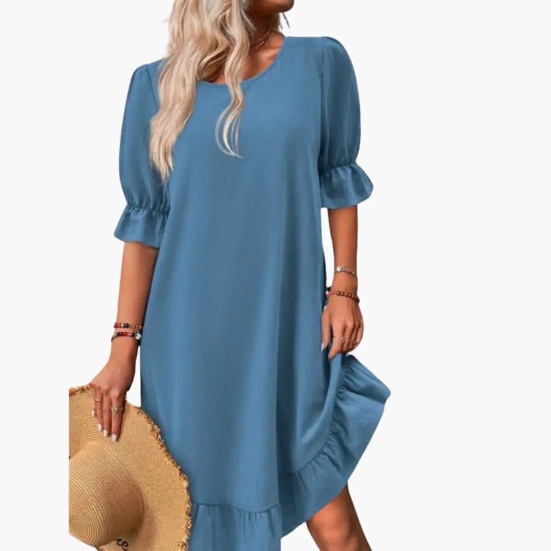Women’s Ruffle Sleeve Midi Dress in blue with puffed sleeves