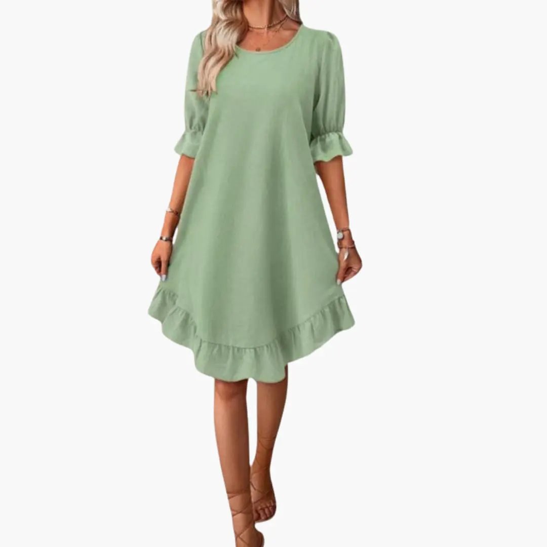 Women’s Ruffle Sleeve Midi Dress in mint green by Wilfred Smith with a ruffled hem