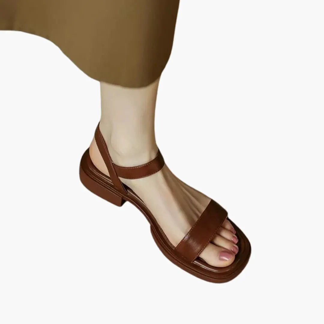 Women's brown leather sandal with adjustable ankle strap and low block heel