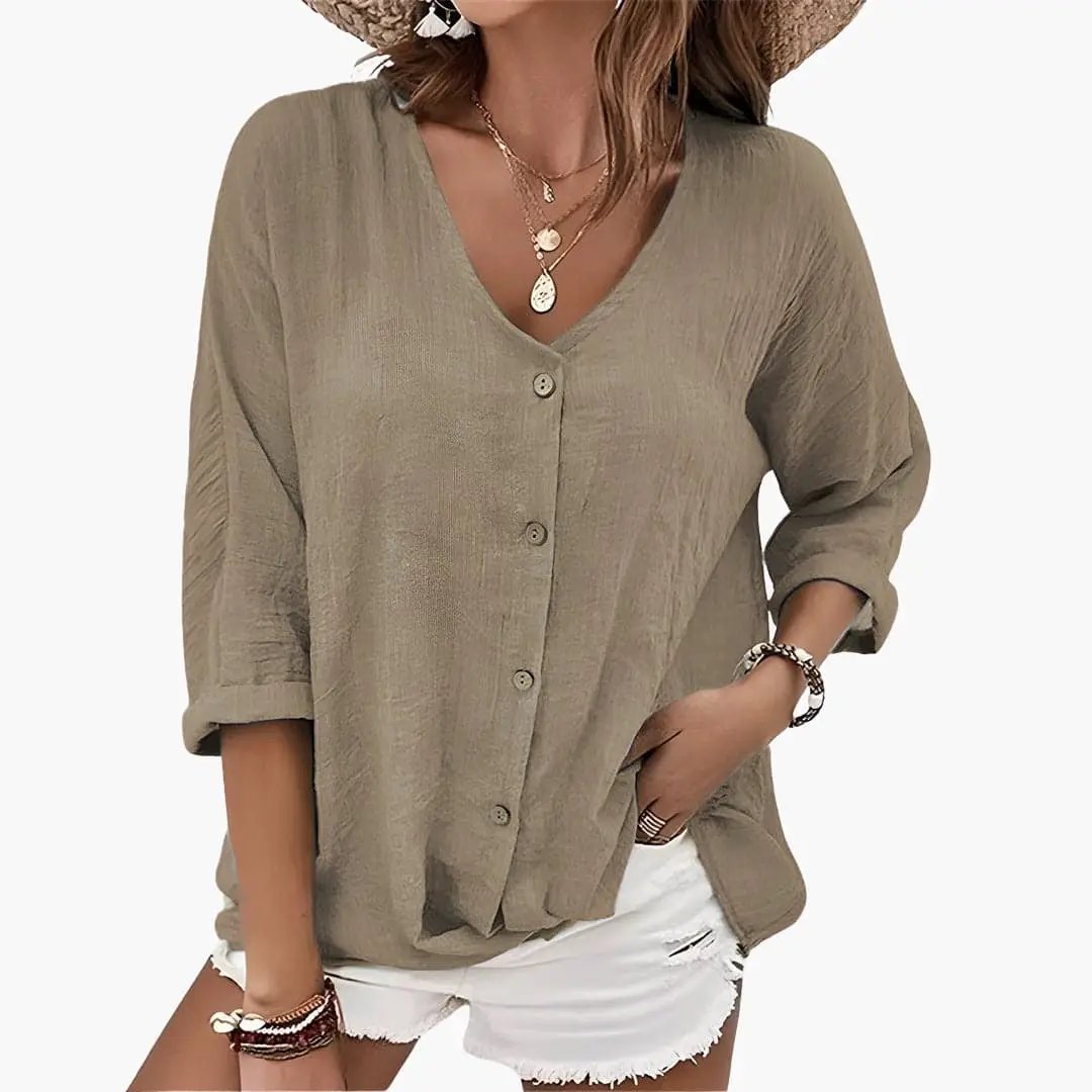 Wilfred Smith Women’s scalloped-collar beige button-down blouse with rolled sleeves