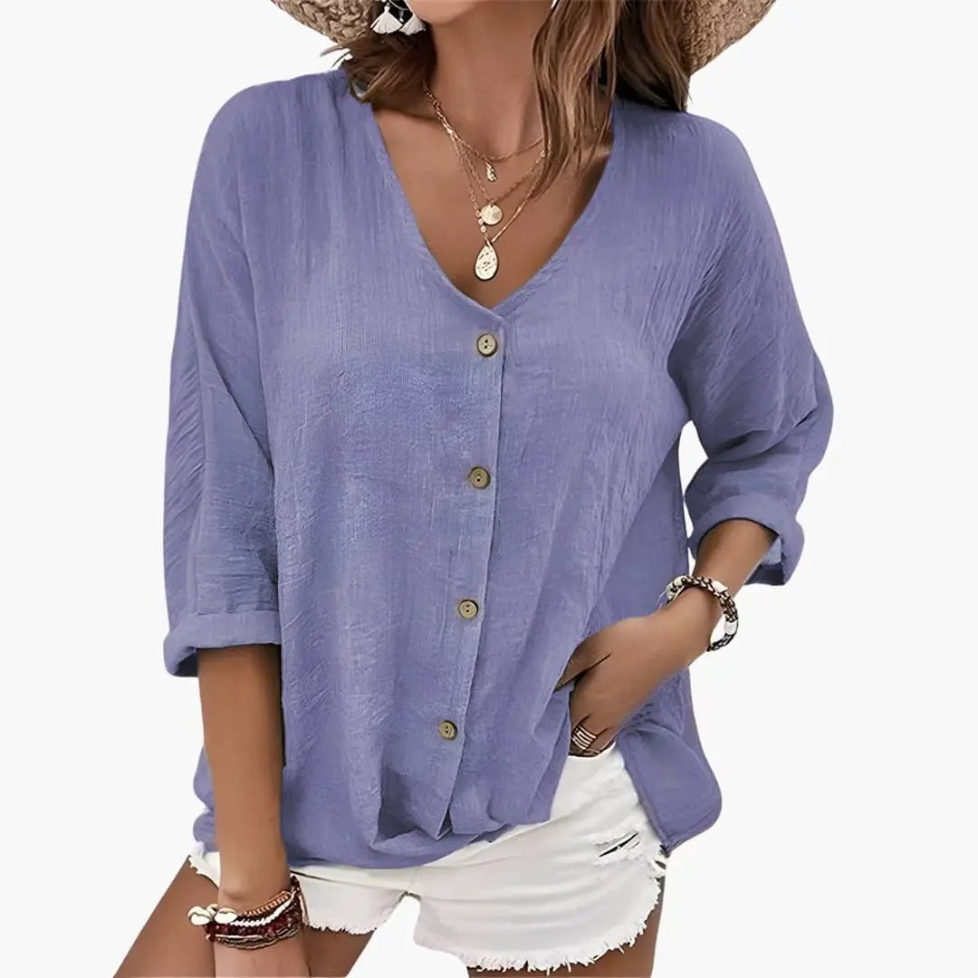 Women’s Scalloped Collar Button-Down Blouse in lavender, loose-fit with rolled sleeves and front buttons.