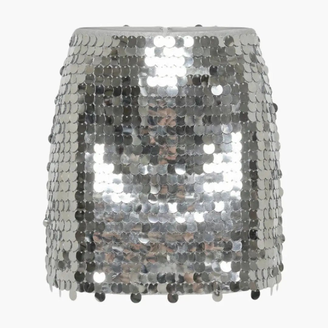 Women's Sequin Mini Skirt with Elastic Waistband in silver metallic sequins