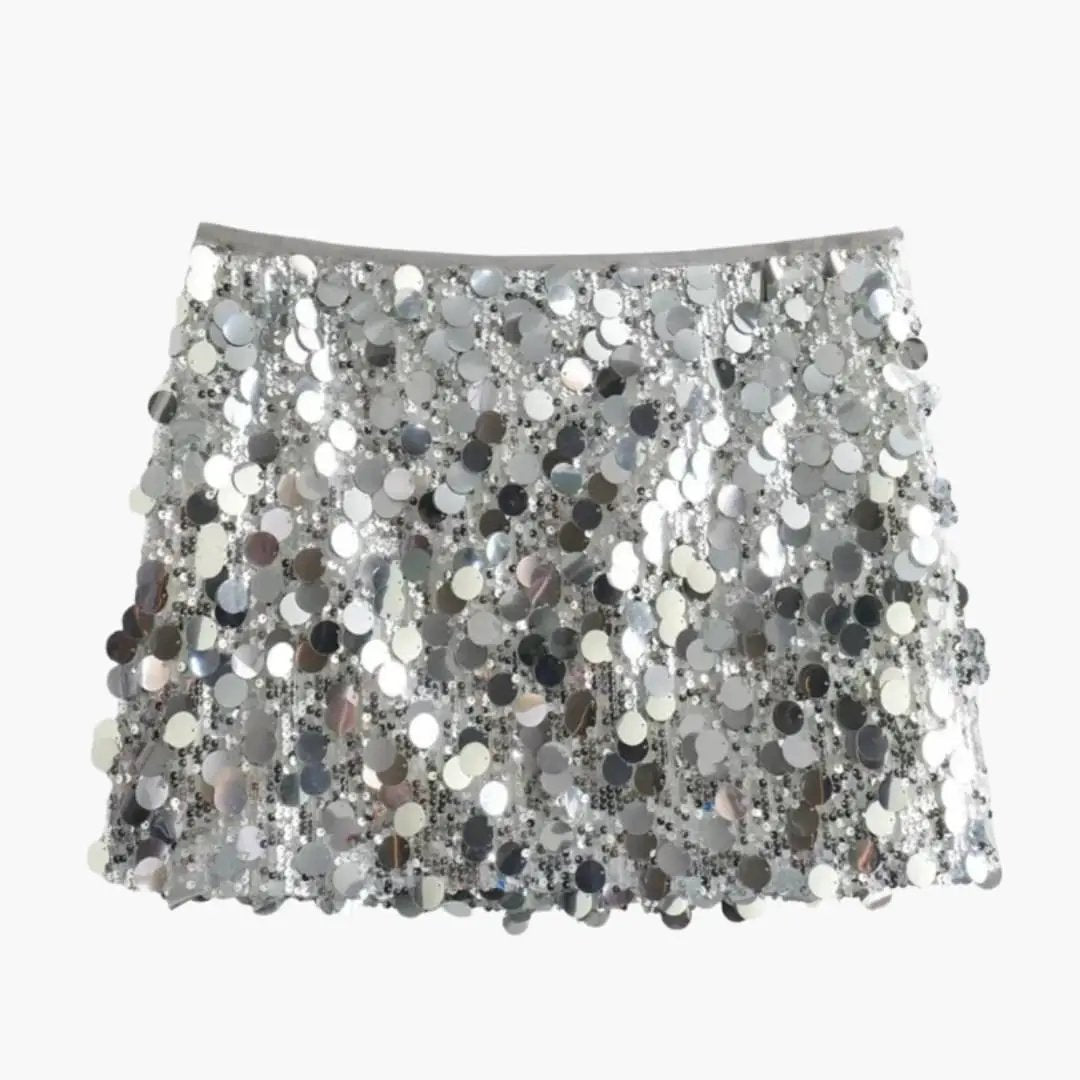 Women's Sequin Mini Skirt with Straight Hem in silver by Wilfred Smith