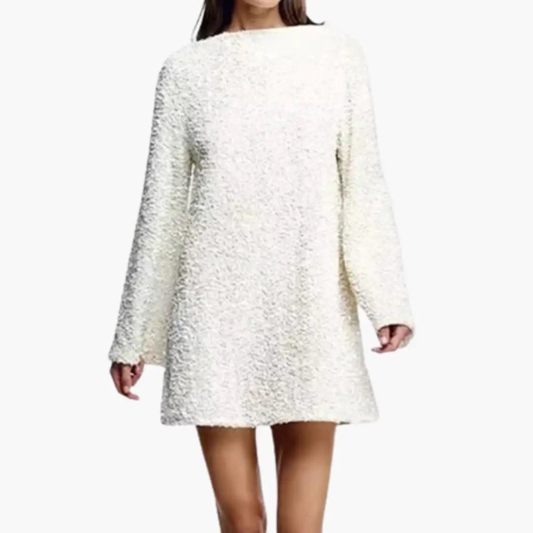 Women's Sequin Short Dress by Wilfred Smith, ivory with round neck and long sleeves.
