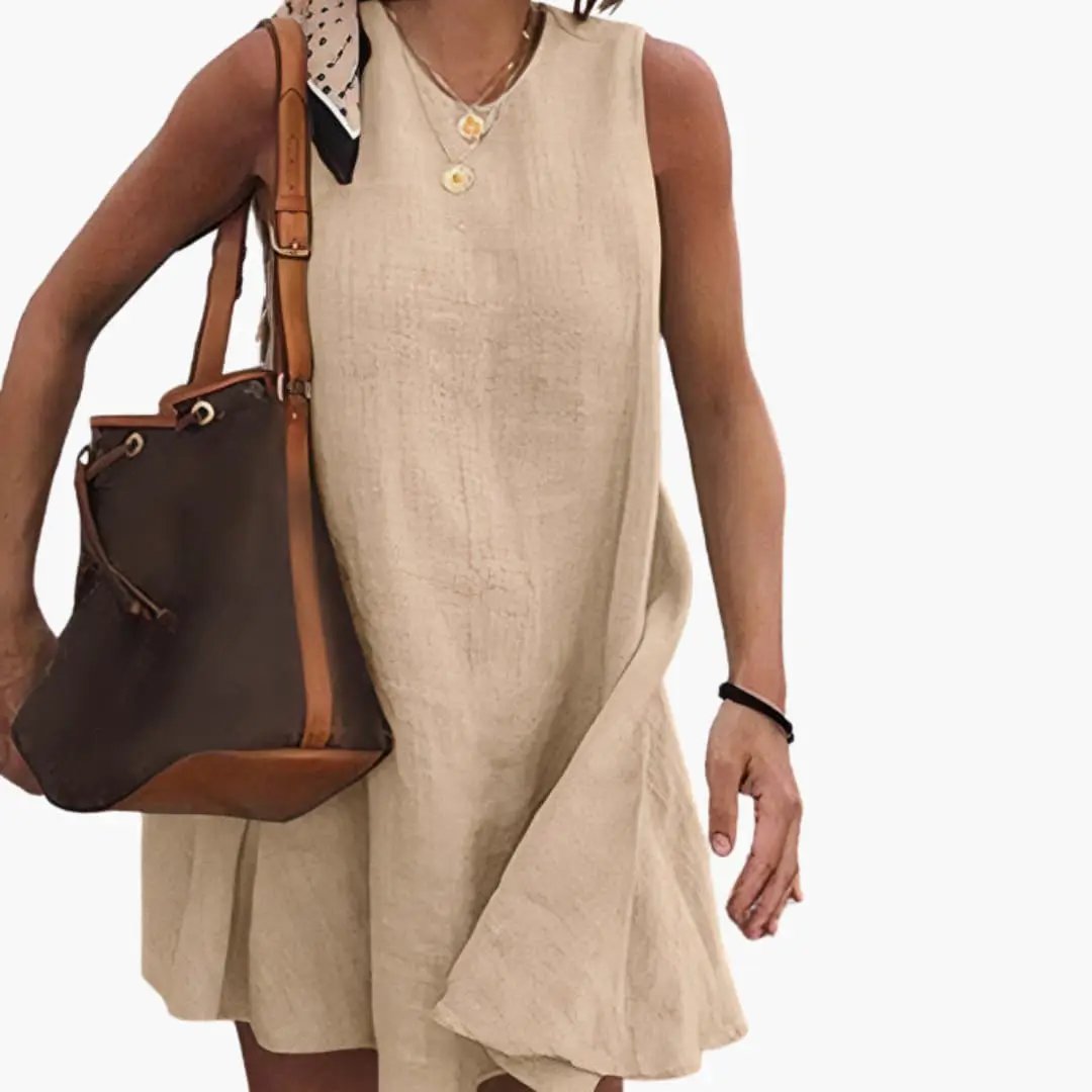 Women's short dress by Wilfred Smith, beige button-front dress with collared neck; brown handbag