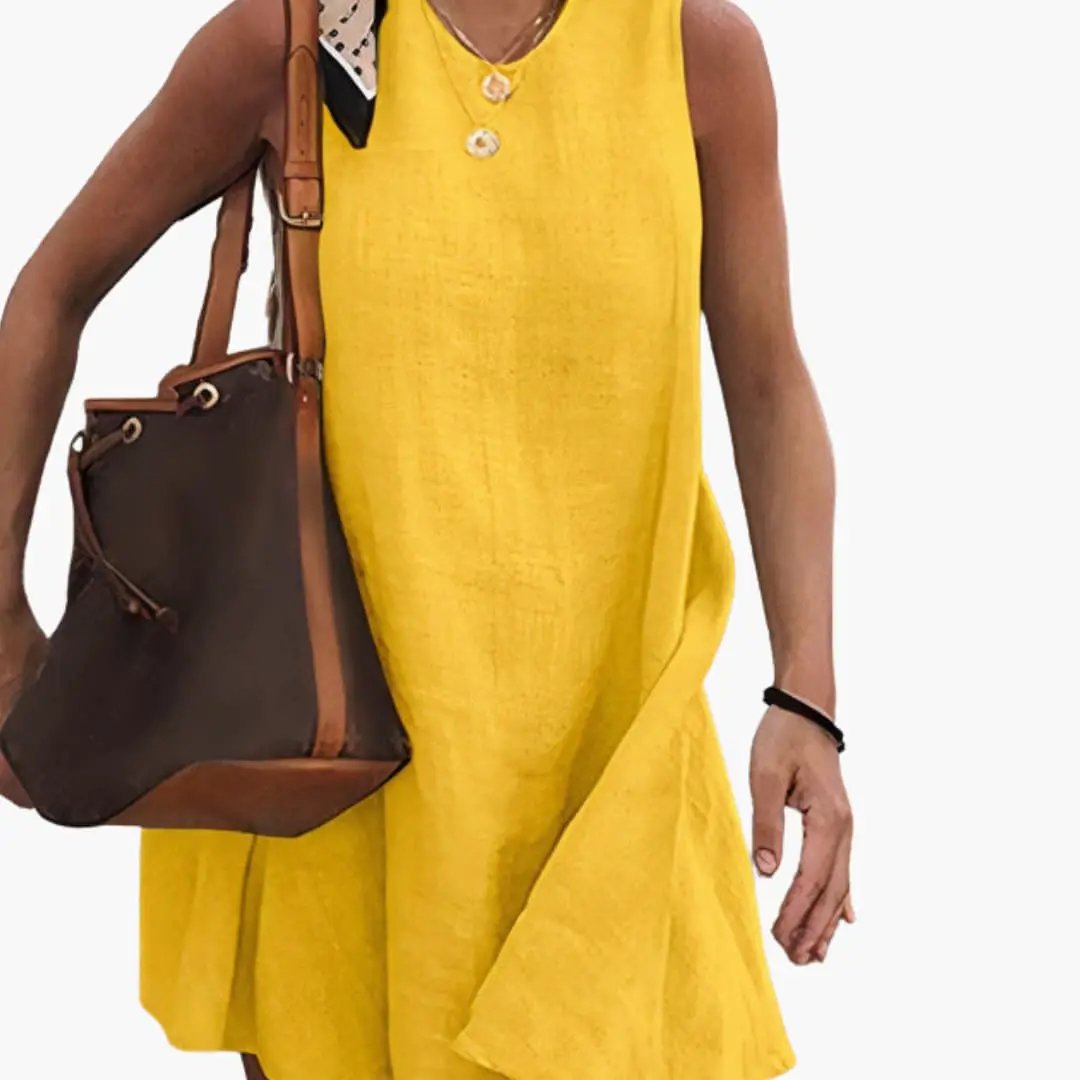 Women’s short button-front shirt dress, sleeveless, bright yellow with a collared neck