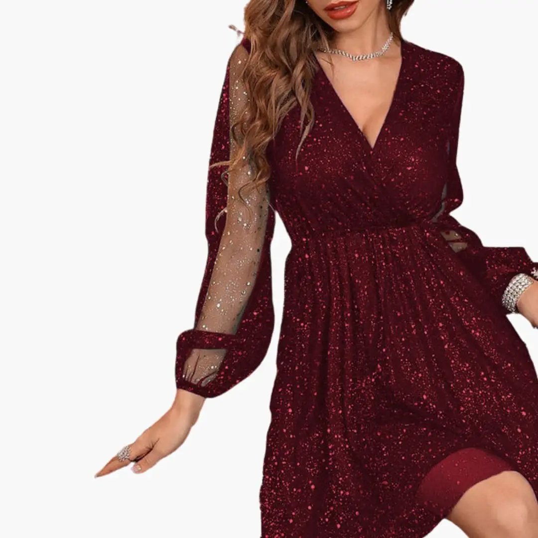 Women’s short sequin dress with V-neckline in burgundy, featuring sheer long sleeves