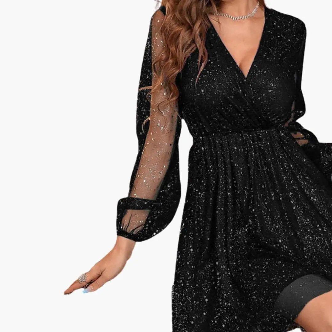 Women’s Short Sequin Dress with V-Neckline in black; sheer long sleeves.