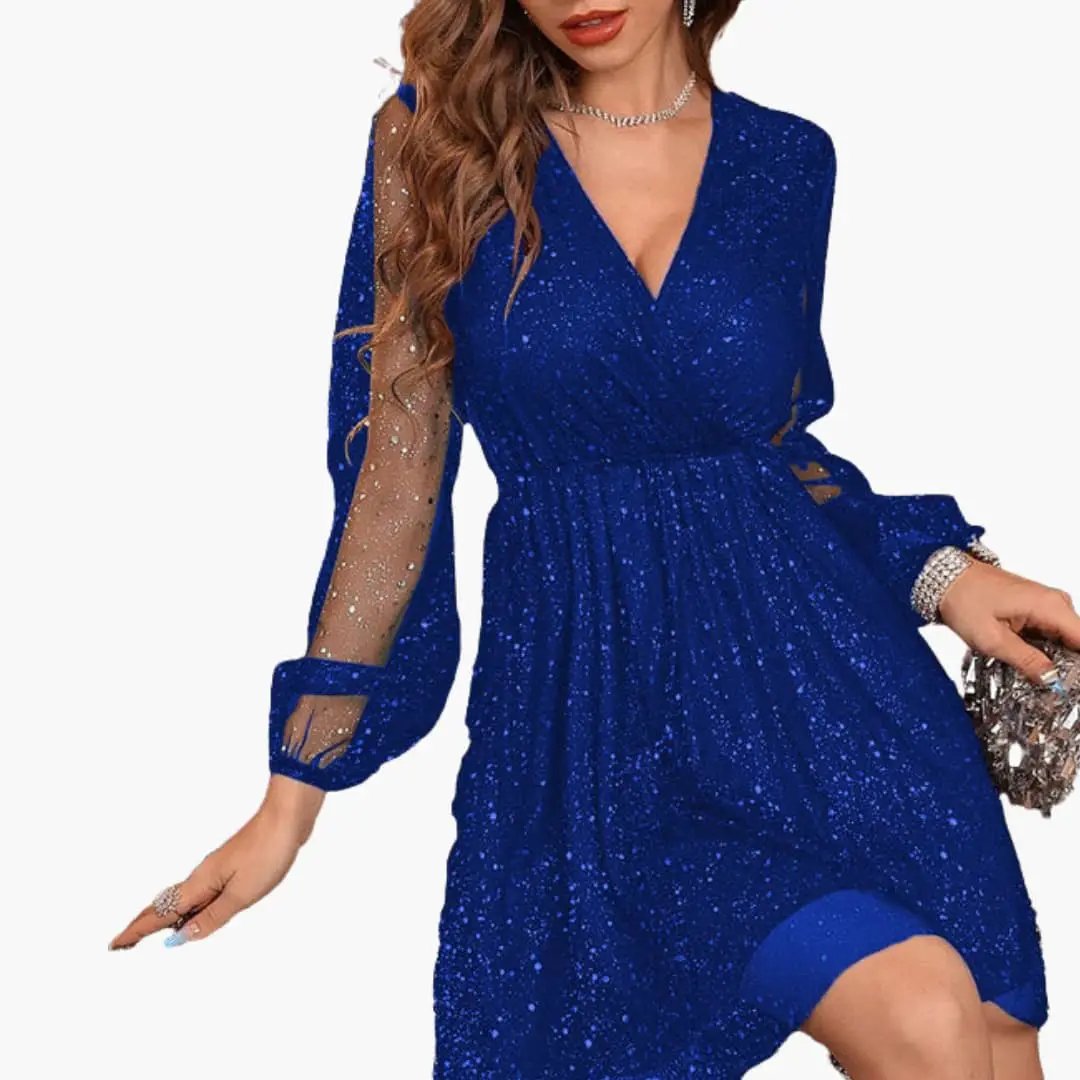 Women’s Short Sequin Dress by Wilfred Smith in blue with V-neck, cinched waist, and sheer sleeves