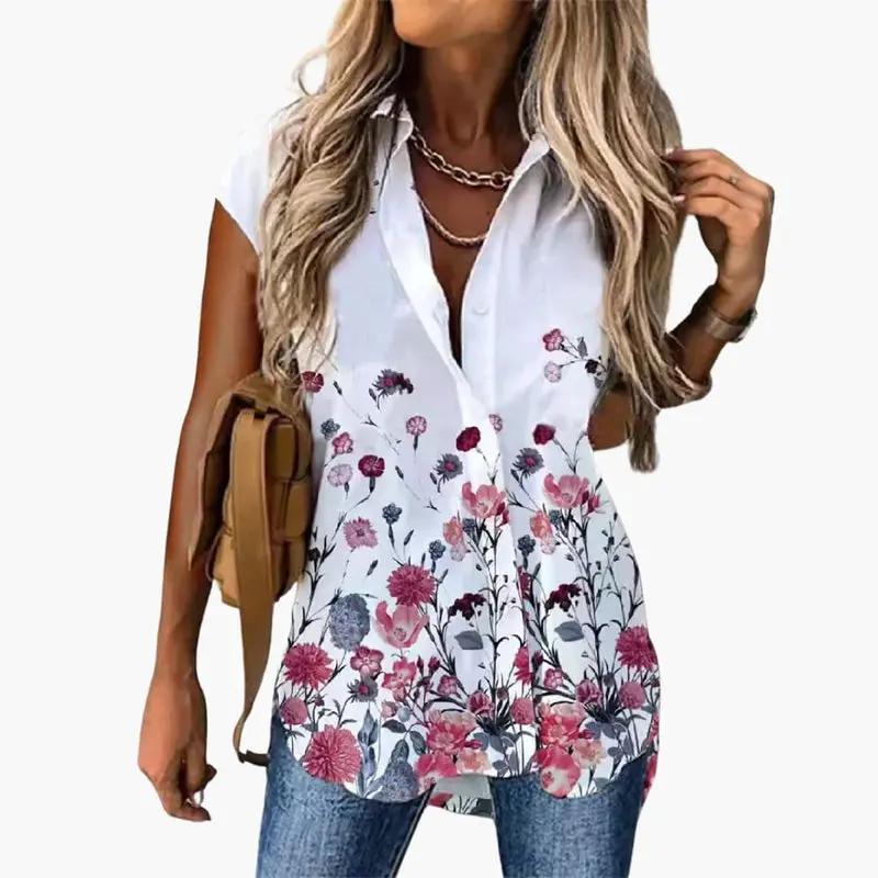 Women’s Short Sleeve Butterfly Print Blouse with Round Neck, white with pink floral hem