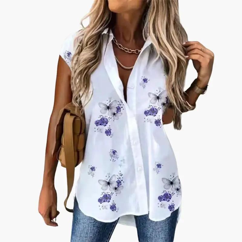 Women’s white short-sleeve blouse with purple butterfly print