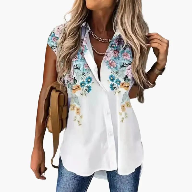 Women’s Short Sleeve Butterfly Print Blouse, white with colorful floral embroidery by Wilfred Smith