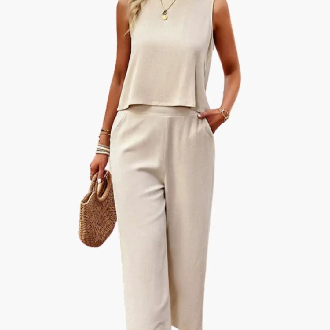 Women’s short-sleeve button-front jumpsuit by Wilfred Smith, beige wide-leg one-piece outfit