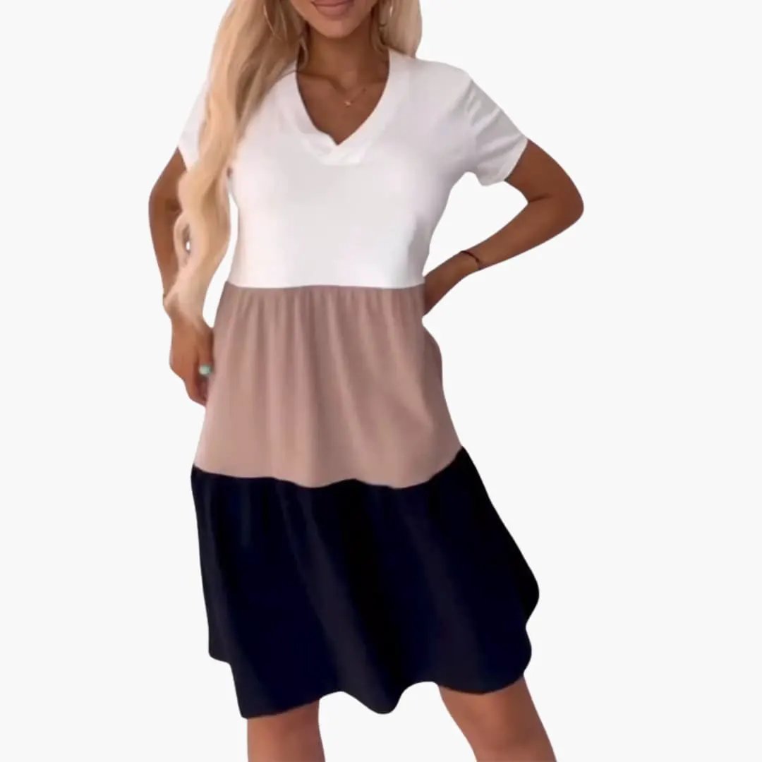 Women’s short-sleeve gradient print dress; white top, beige midsection, navy bottom, loose-fit color-block.