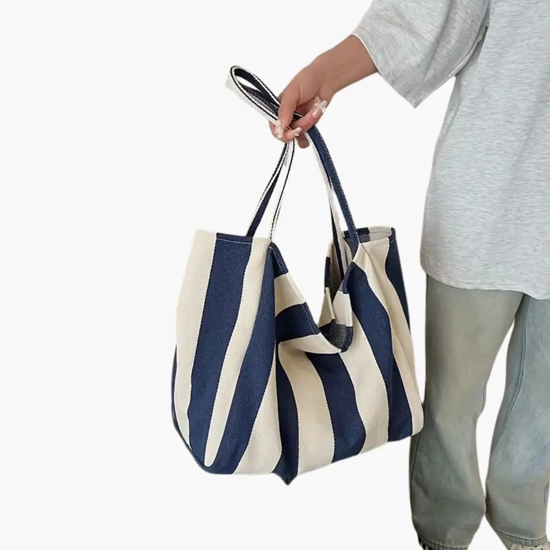 Women's shoulder bag with navy and cream stripes, large-capacity fabric tote