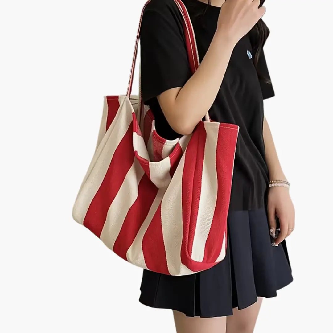 Women's shoulder bag by Wilfred Smith, red and cream striped fabric with large capacity