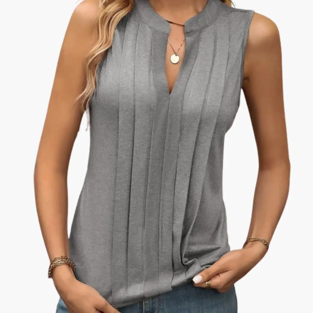 Women's sleeveless blouse with V-neck and pleated design in gray fabric