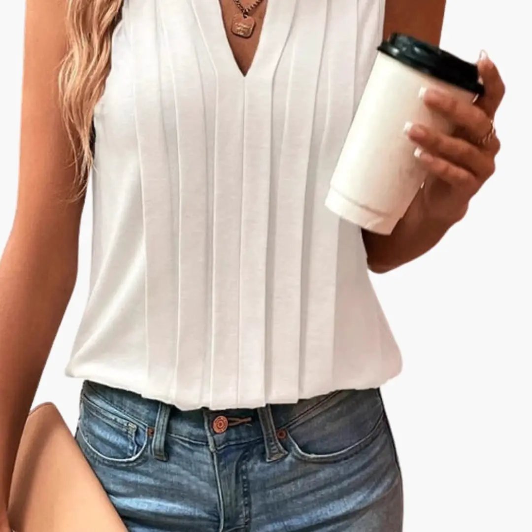 Women's white sleeveless blouse with V-neck and vertical pleats by Wilfred Smith