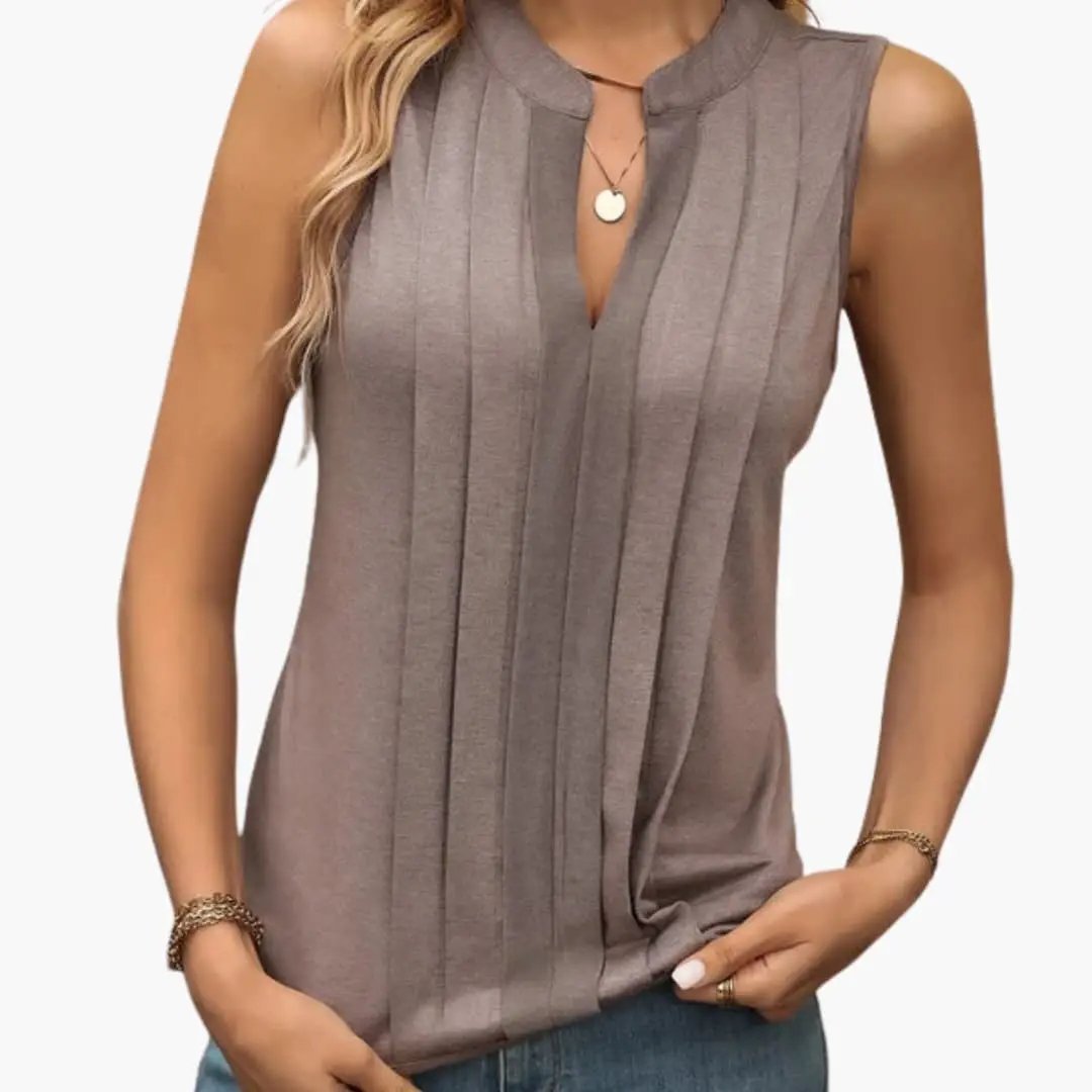 Women's sleeveless blouse with V-neck and vertical pleats in taupe
