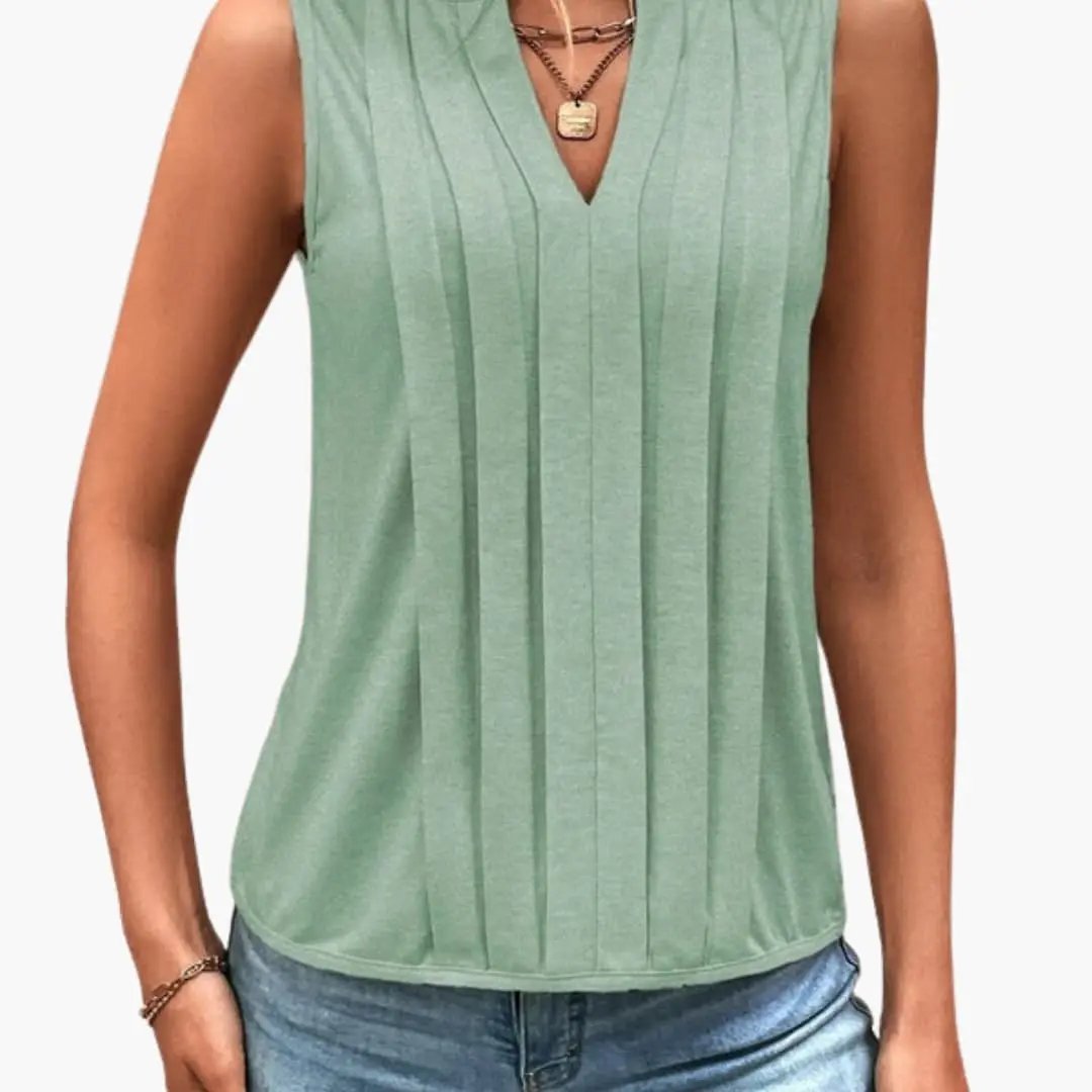 Women's sleeveless blouse by Wilfred Smith in mint green with V-neck and pleated front