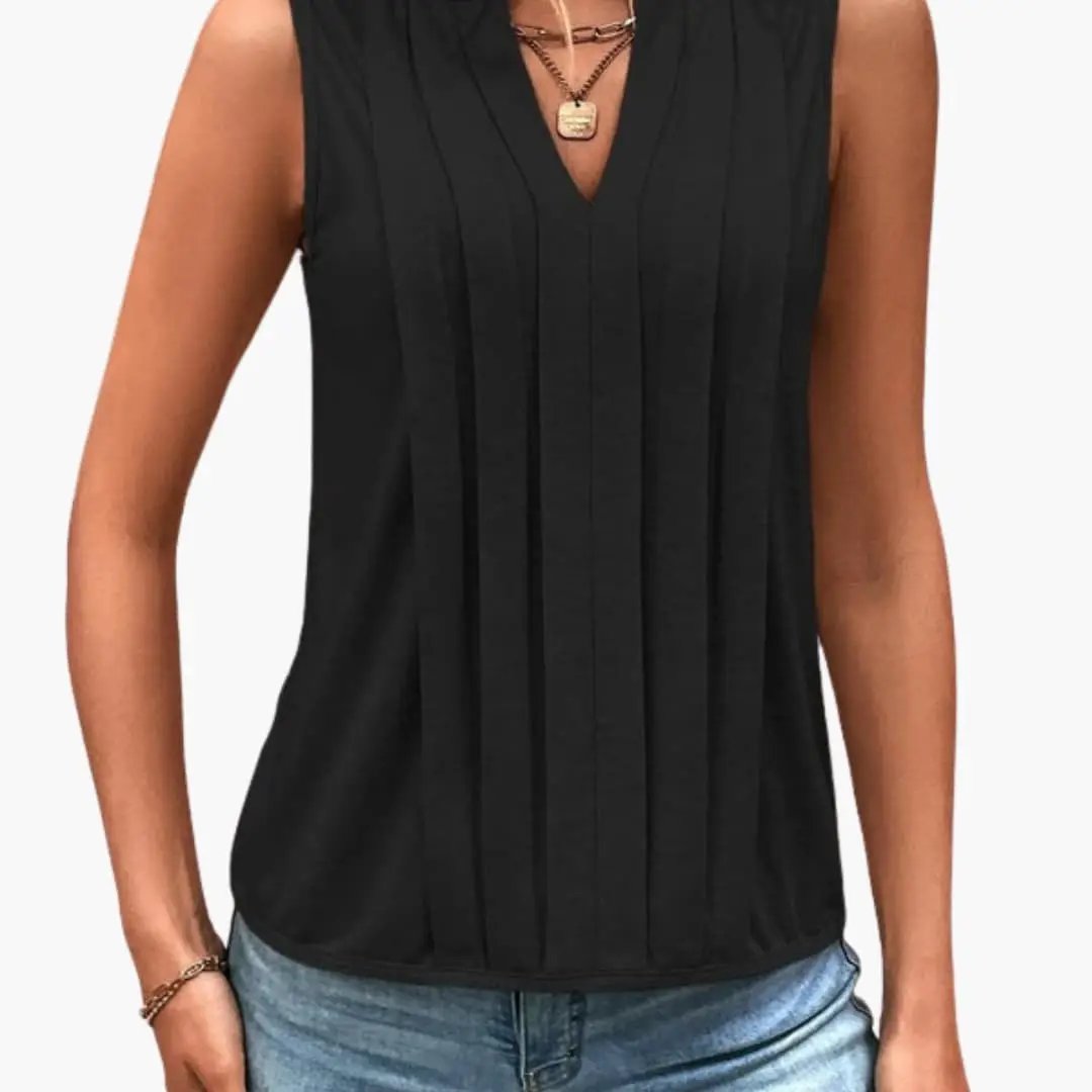 Wilfred Smith women's sleeveless blouse with V-neck and pleated front in black