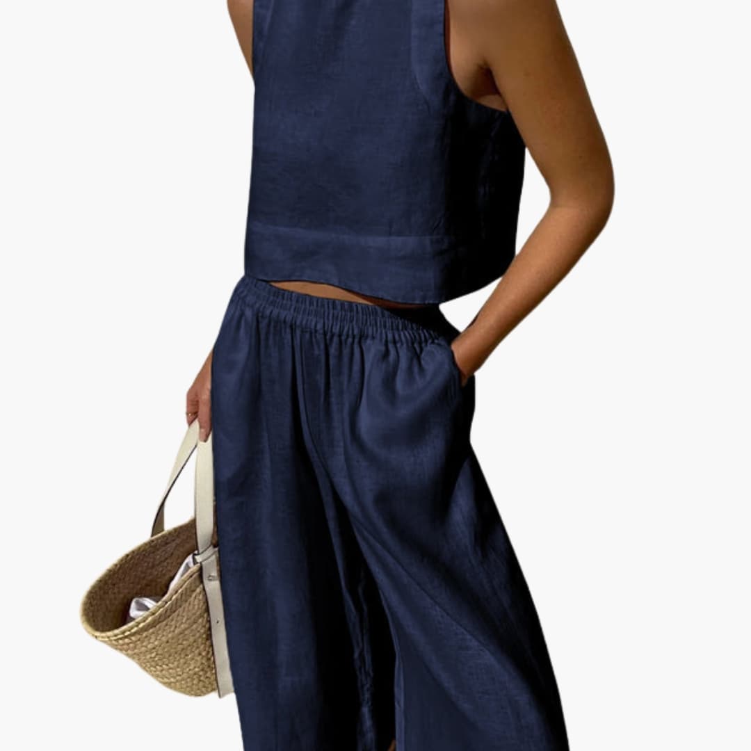 Women's Sleeveless Crop Top and Wide-Leg Pants Set in navy satin.