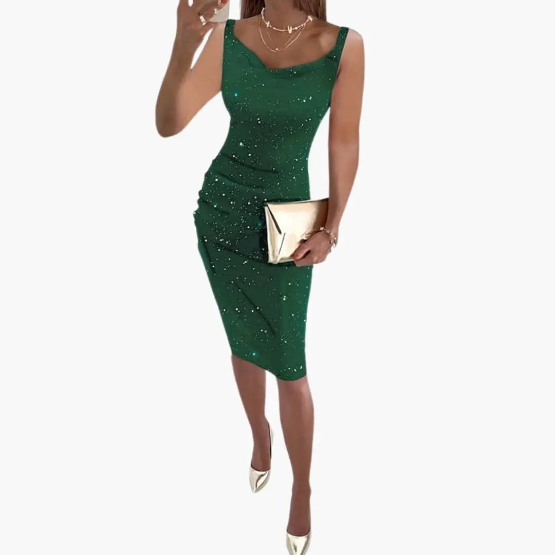 Women’s sleeveless dress in emerald green glitter, knee-length, Wilfred Smith