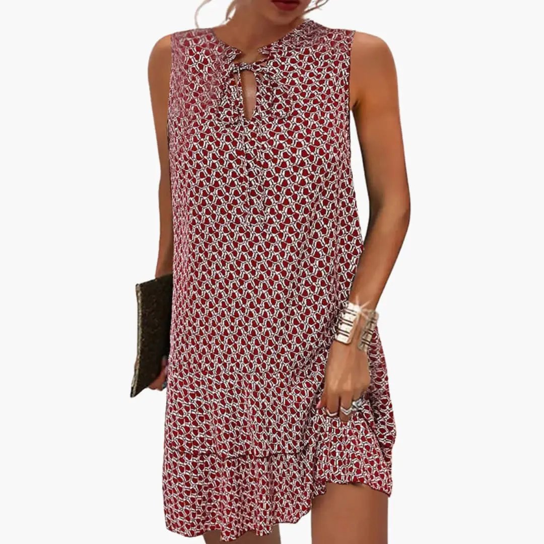 Women's sleeveless dress with tie-front neckline in red and white abstract print, Wilfred Smith