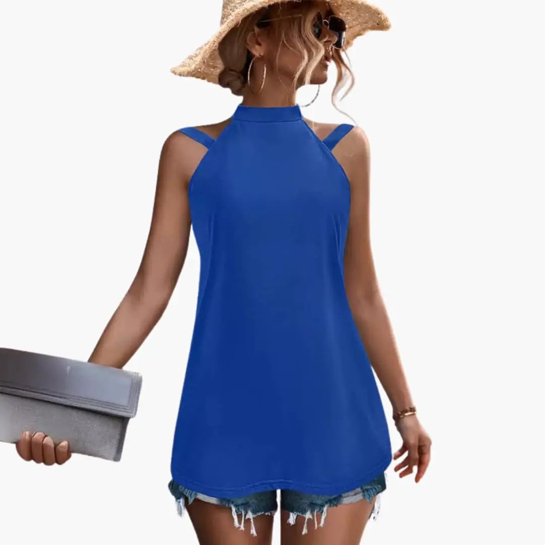 Women's sleeveless high-neck tunic top in cobalt blue.