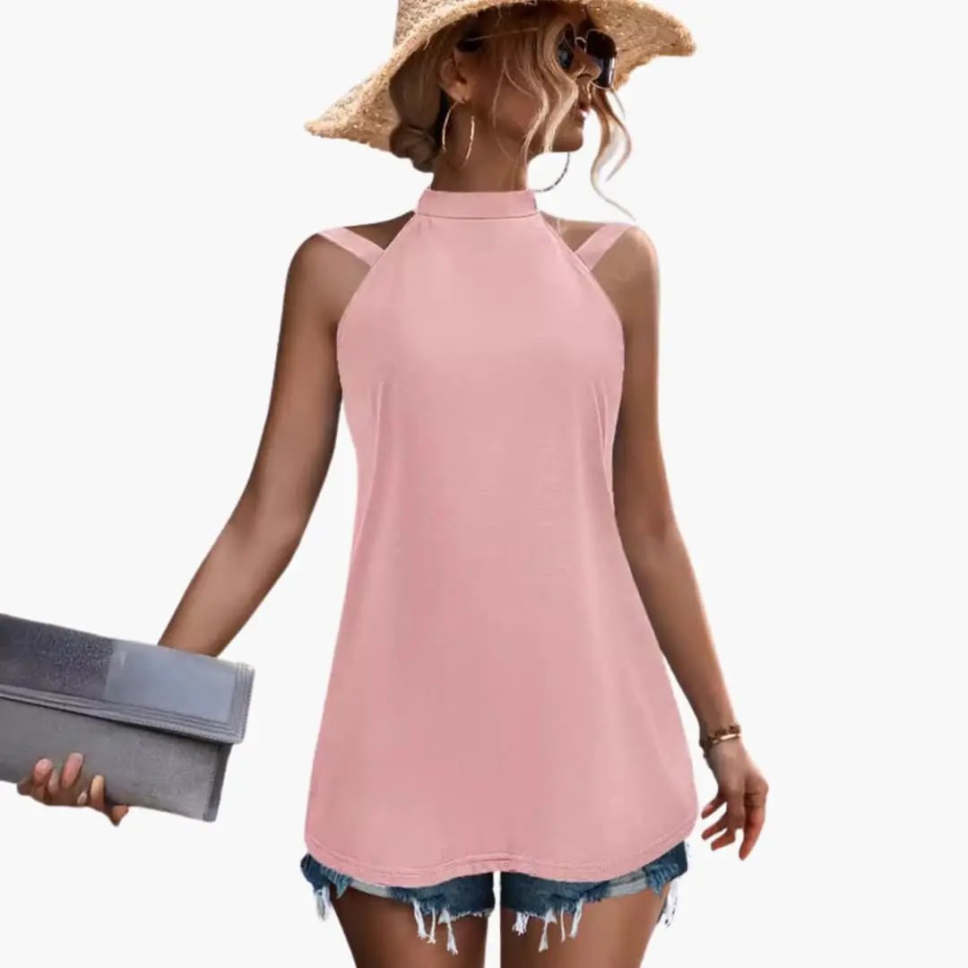 Wilfred Smith women's sleeveless high-neck tunic top in pink.