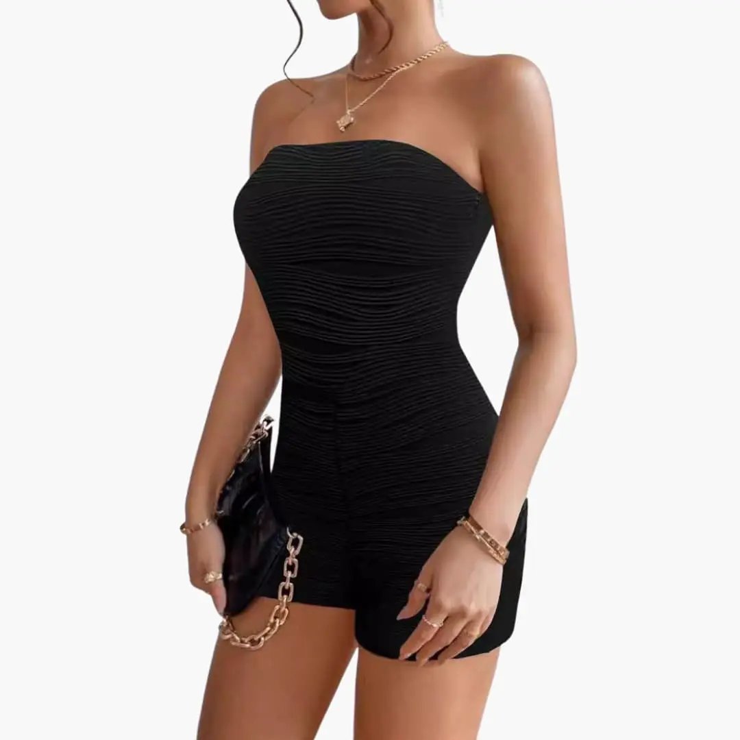 Women’s sleeveless jumpsuit, black, gathered ruched design, one-piece