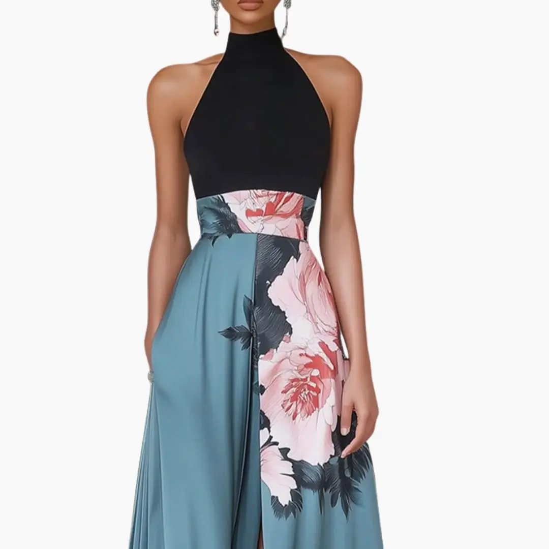 Women’s Sleeveless Maxi Dress with Side Slit black halter top, teal floral skirt by Wilfred Smith
