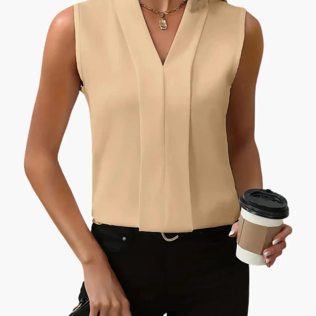 Wilfred Smith women's sleeveless tank top in beige with V-neck and front pleat, regular fit