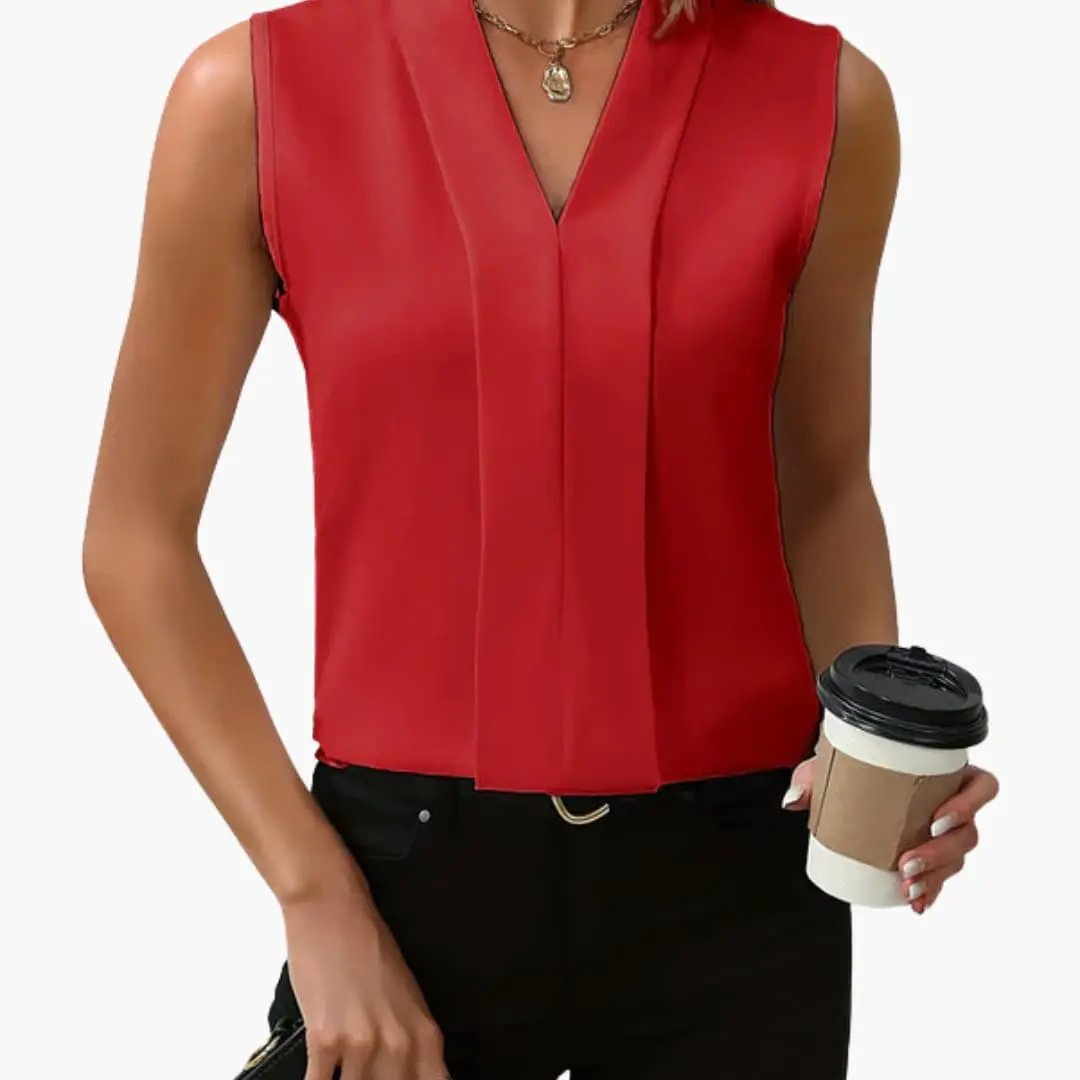 Women's sleeveless red tank top with front pleat details, regular fit