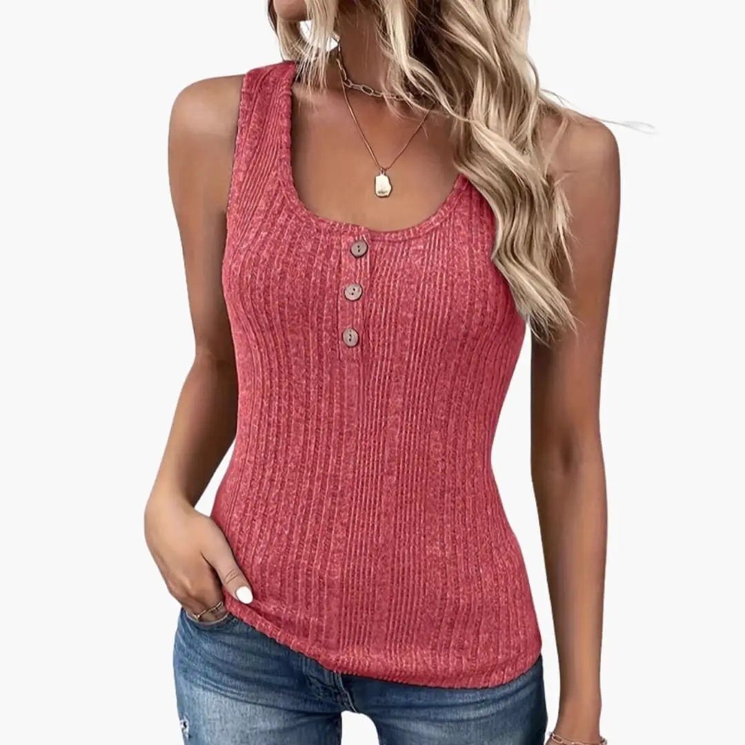 Women's ribbed sleeveless tank top with front button detail in red